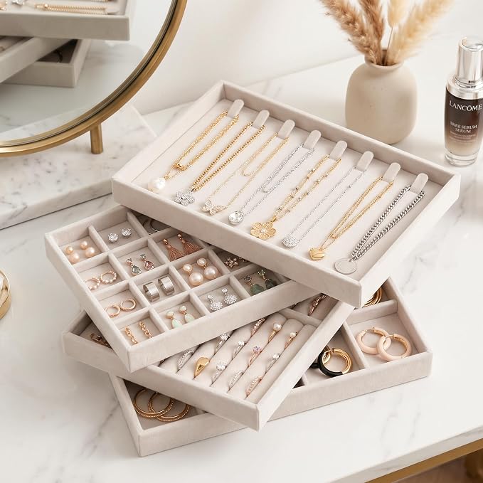 Jewelry Organizer for Drawer, Velvet Jewelry Drawer Organizer Inserts, 4-Layer Beige Stackable Jewelry Trays for Rings Earrings Necklaces Bracelets with Removable Dividers for Dresser Vanity