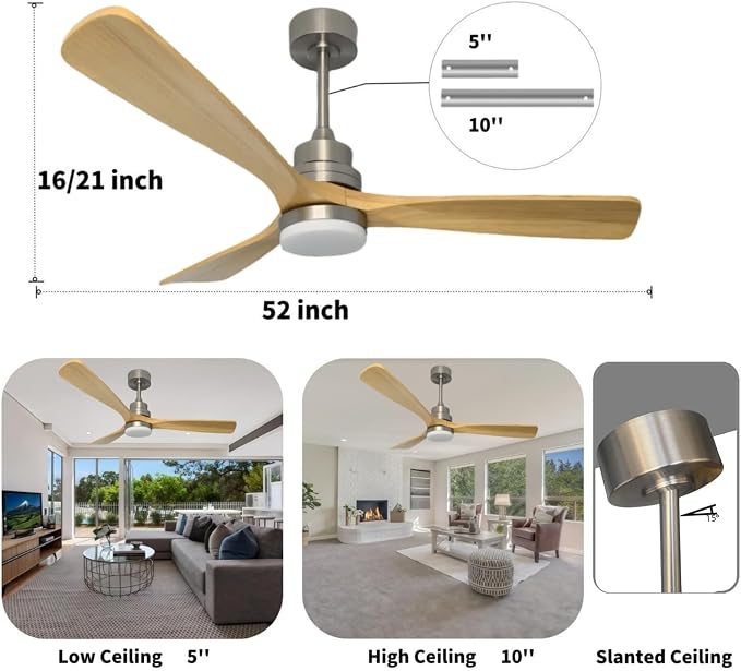 52-inch Wooden Ceiling Fan With Light,With Remote Control, 3 Solid Wood Fan Blades,Suitable for indoor areas, Living rooms, Dining rooms, Bedrooms,Terraces, and Porches.Brushed Nickel+Natural Wood