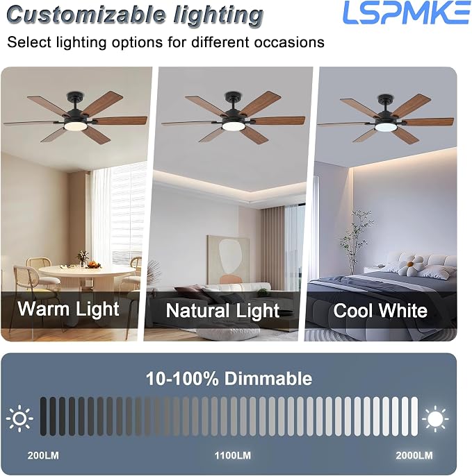 Ceiling Fans with Lights, 52" Ceiling Fan with Light and Remote Control, Reversible DC Motor, 3CCT, Dimmable, Timer, Noiseless, Brown Ceiling Fan for Bedroom Living Room, Indoor/Outdoor Use