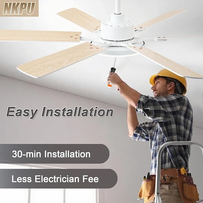 NKPU 56 Inch Ceiling Fans with Lights, Modern White Ceiling Fan with Light and Remote Control, 6 Double Sided Blades, 6 Speed Reversible Motor, Dimmable LED, Silent Timing, Indoor Outdoor Patio Use
