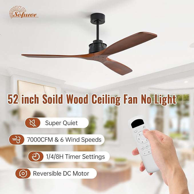 Sofucor 60 Inch Ceiling Fan No Light - Modern Solid Wood Ceiling Fan with Remote, 7000CFM High Airflow, Quiet DC Motor, 3 Rods & 6 Speeds, Timer & Reversible for Bedroom Living Room, ETL, Walnut Wood