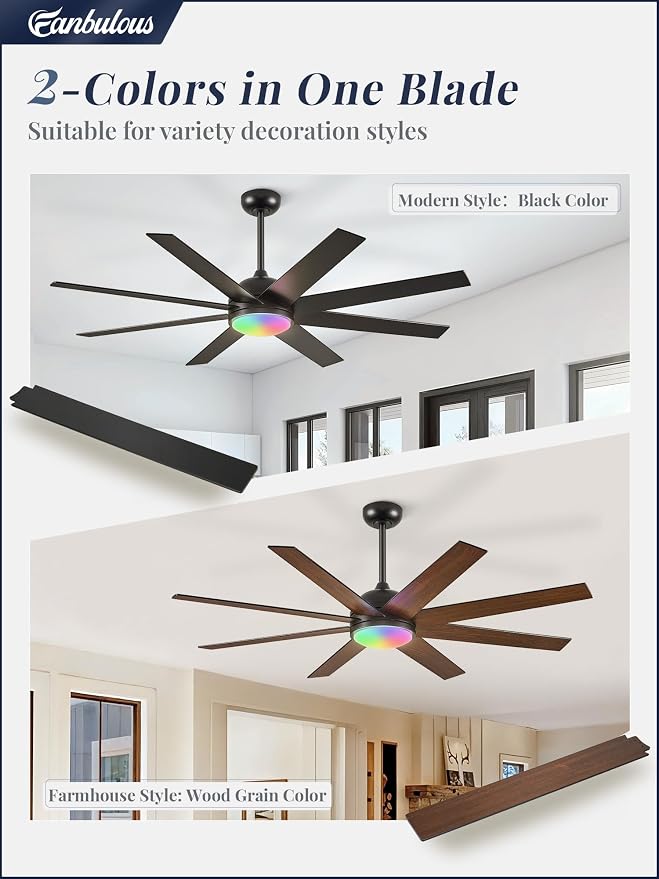 Fanbulous 60 Inch RGB Ceiling Fans with Lights and Remote&APP Control, Black Smart Ceiling Fan with Quiet Reversible DC Motor, 6 Speeds, 3CCT, Dimmable, Large Ceiling Fan for Living Room Bedroom