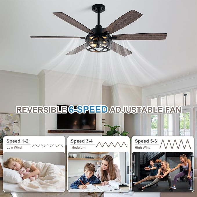 Bella Depot 60" Ceiling Fan with Light, Farmhouse Chandelier Ceiling Fan with Lights and Remote, Caged Rustic Indoor Fandelier with Silent Motor for Dining Living Room Bedroom, (bulbs not included)