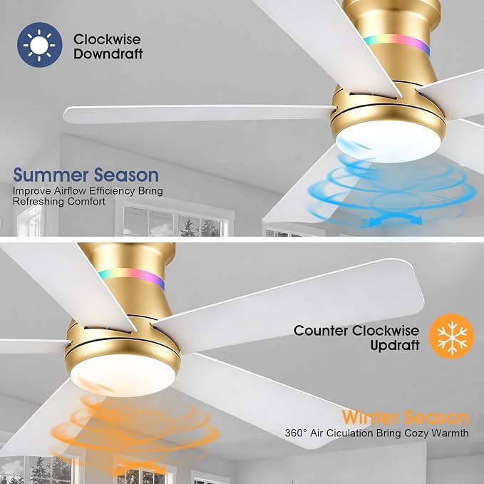 Surtime 46" Ceiling Fans with RGB Lights - Flush Mount Ceiling Fan Light with LED 3CCT Dimmable, Modern Low Profile Gold Ceiling Fan with Reversible White Blades