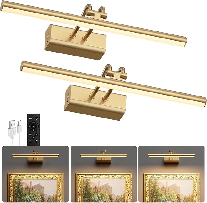 Battery Operated Wall Light for Living Room, 4000mAh Picture Light for Wall Set of 2, Remote & Touch Control, 3 Color Temps, Display for Gallery, Living Room, Bedroom(Gold)