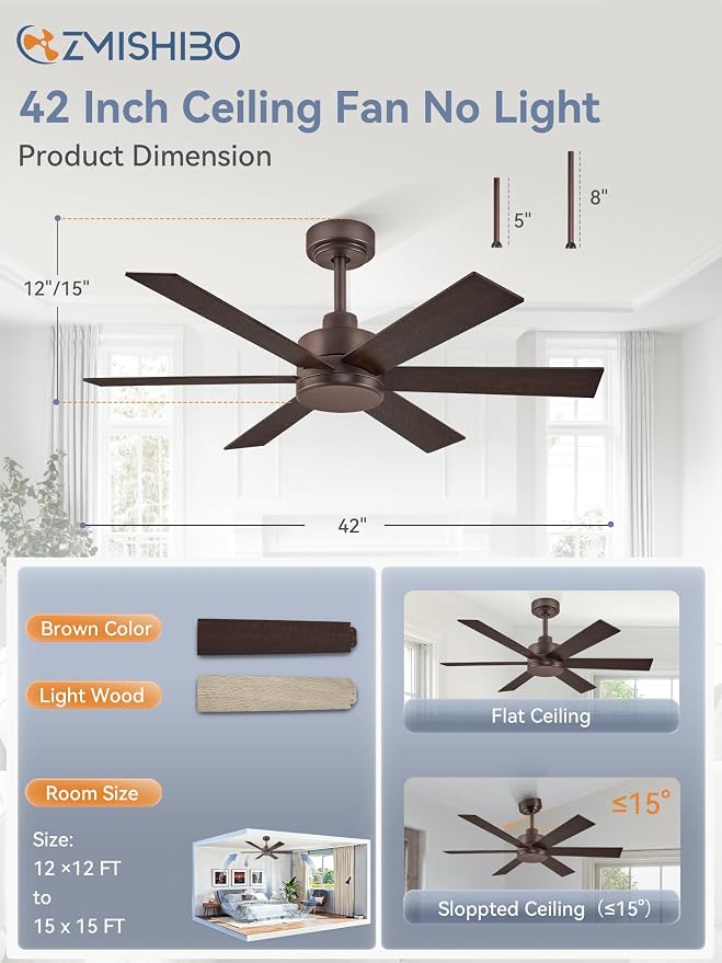 ZMISHIBO 42 Inch Ceiling Fans No Lights, Farmhouse Rustic Ceiling Fan Without Light, 6 Blades, Quiet Reversible DC Motor, 6-Speeds, Brown Ceiling Fans for Bedroom, Living Room, Porch, Indoor/Outdoor