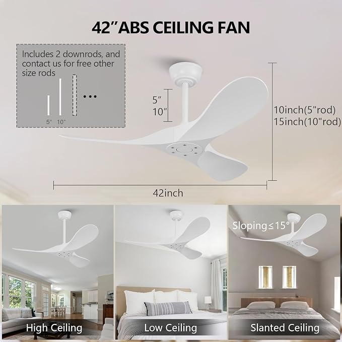KBZZ 42 Inch White Ceiling Fan without Light,6 Speeds,Reversible Silent DC Motor,Modern Ceiling Fan no Light with Remote for Indoor Outdoor Farmhouse Office Patios(Not Solid Wood)