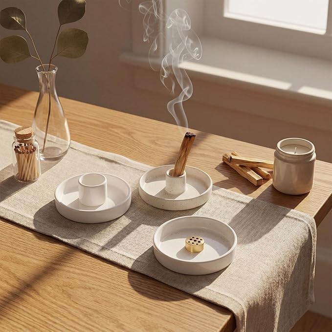 Unittype 3 Pcs Incense Burner Tray, Ceramic Sage Holder, Palo Santo Burner with a 9-Hole Incense Stick Holder for Meditation Yoga Room Decoration, White Speckled