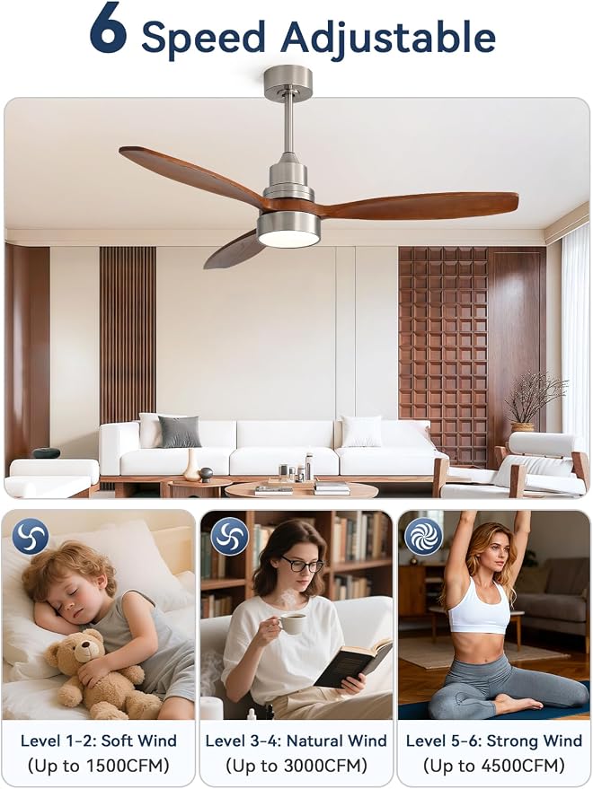 Sofucor 52 inch Wood Ceiling Fan with Light, Quiet 6-Speed 3 Blades Reversible LED Ceiling Fan, Modern Rustic Fan with Dimmable Light for Living Room Bedroom Home Office Cafe Patio Porch