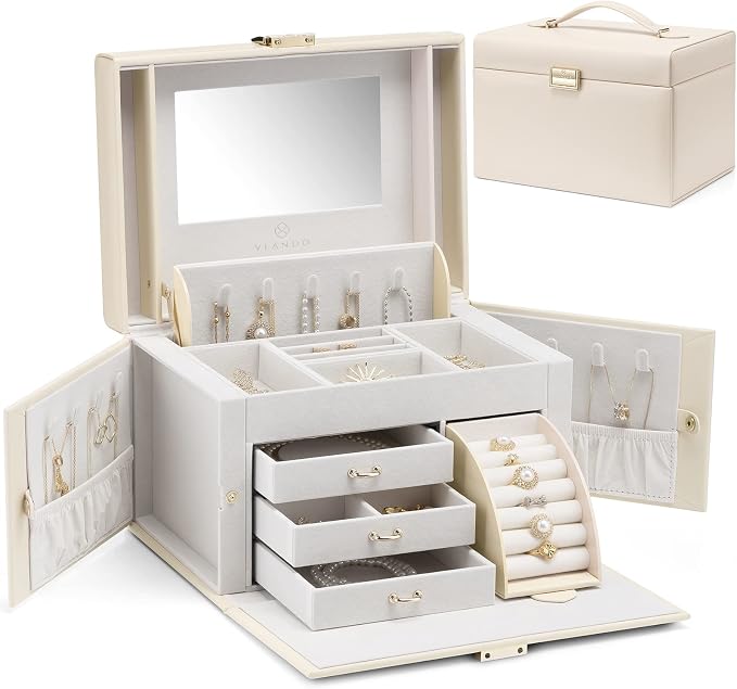 Vlando Jewelry Box Organizer for Girls Women, Large Baroque Jewelry Storage Box with Mirror, Drawers for Bracelets, Earrings, Rings, Necklaces, Mothers Day Gifts for Loved One, Apricot White
