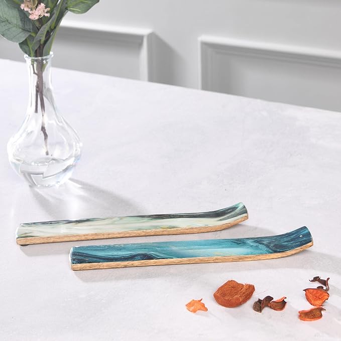 Folkulture Set of 2 Incense Holder or Incense Burner for Insence Sticks, Insence Burner Holder for Home Decor or Ash Catcher, Inscent Tray or Insense Stick Holders, Mango Wood, Blue and Green Agate