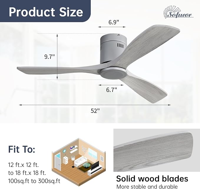 Sofucor 52 Inch Low Profile Ceiling Fans No Light, Modern Flush Mount Solid Wood Ceiling Fan with Airflow 5000CFM, Quiet DC Motor, 6 Speeds, Timer & Reversible for Bedroom Living Room, ETL, Gray