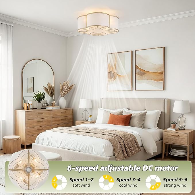 20" Boho Ceiling Fan with Light, Rattan Flush Mount Ceiling Fan with Light Remote Control, Caged Enclosed with 6 Speeds for Bedroom, Living Room, Foyer, Nursery (Gold)