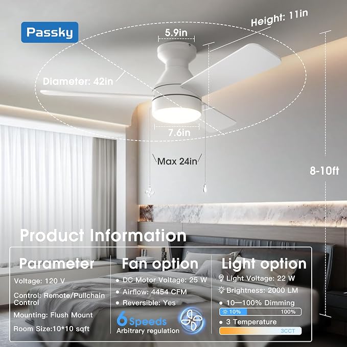 Passky Ceiling Fans with Lights, 42 inch Low Profile Ceiling Fan with Pull Chain and Remote Control, Flush Mount, Reversible, 5CCT, Dimmable, Noiseless, White Pull Cord Ceiling Fan for Bedroom