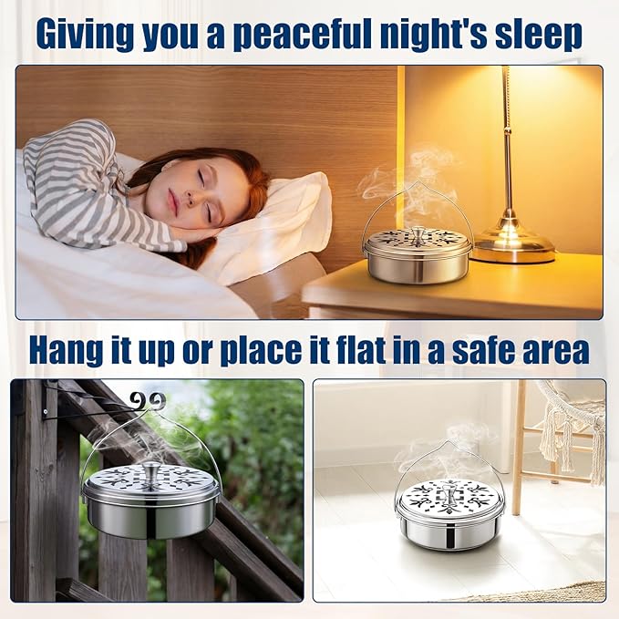 6 Pack Portable Mosquito Coil Holder Bulk with Handle Incense Coil Burner with Cover Fireproof Round Metal Mosquito Sandalwood Incense Box for Outdoor Use Patio Pool Camping Fishing