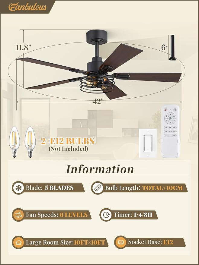 Fanbulous 1 Pack Farmhouse 42 Inch Ceiling Fans with Lights, Black Industrial Caged Ceiling Fans for Bedroom Living Room, Double-Sided 5 Blades Rustic Ceiling Fan