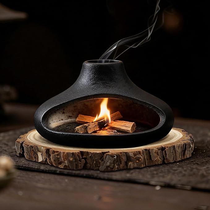 Palo Santo Holder Ceramic Incense Burner - Ash Catcher for Palo-Santo Sticks, Sage Bundles, Incense Cones, Fireplace Style Smudge Bowl for Meditation Yoga Home Decor - Black