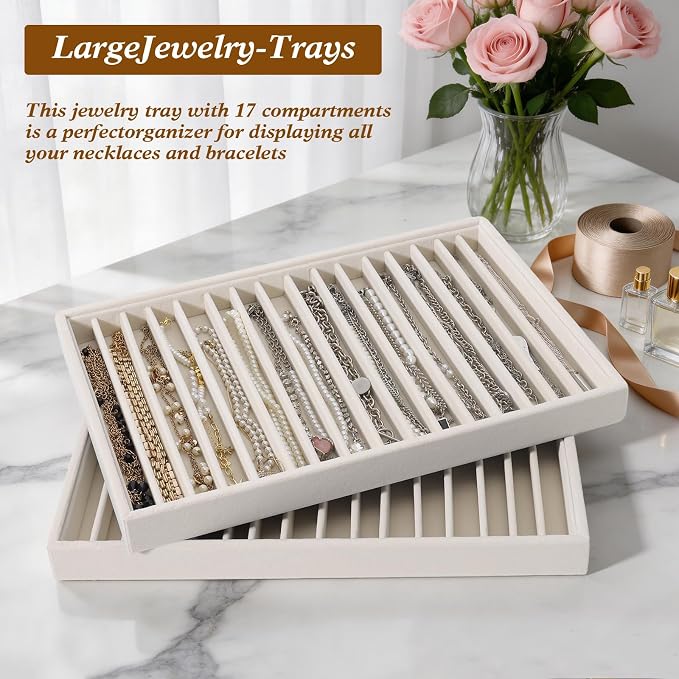 Large Velvet Jewelry Tray 2 Pack, Stackable Jewelry Display Drawer Inserts Trays, 16 Grids Jewelry Organizer for Earrings, Bracelets, Necklaces, Rings, Beige