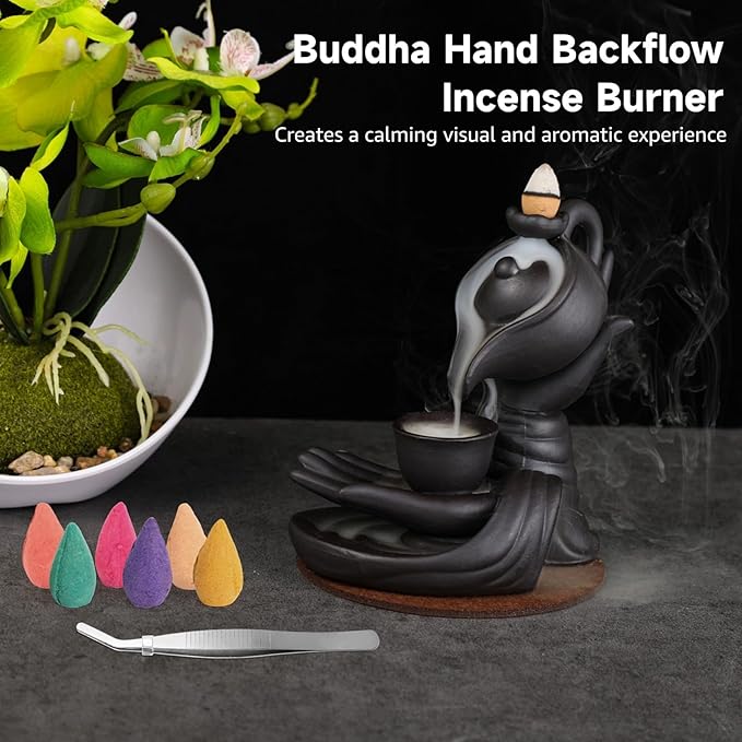 Buddha Hand Backflow Incense Burner, Ceramic Smoke Waterfall Burner with 100 Incense Cones, Tweezers, Mat, Meditation Home Decor