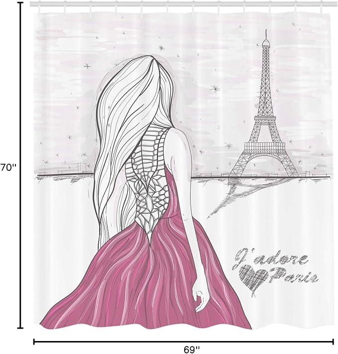 Ambesonne Paris Shower Curtain, Romantic Dramatical Lady Looks at The Eiffel Tower Love Themed Sketch Drawing Style Illustration, Cloth Fabric Bathroom Decor Set with Hooks, 69" W x 70" L, White Pink
