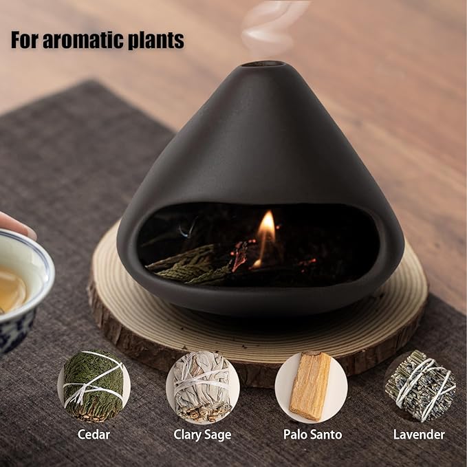 Mini Ceramic Fireplace Incense Burner, Smudge Bowl with Chimney for Sage, Aromatic Home Decor for Anxiety Relief, Meditation Supplies, Spiritual Gifts for Women & Men