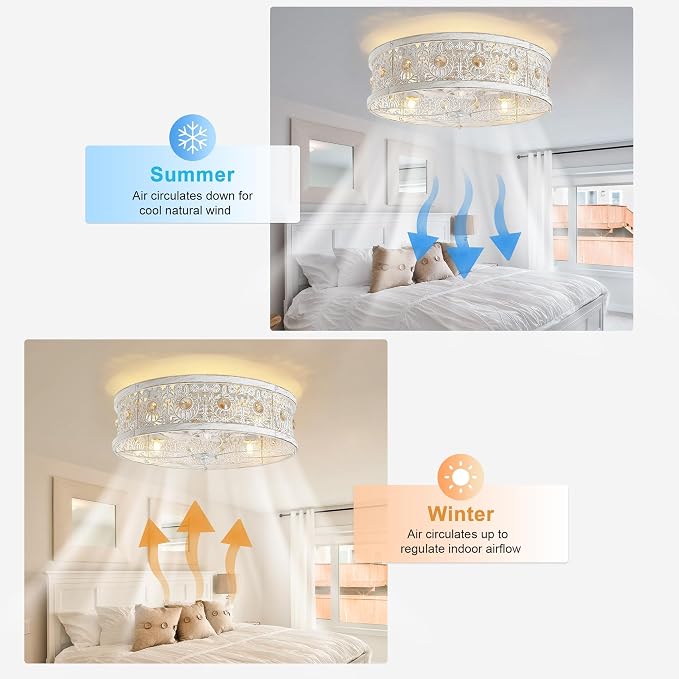 Garwarm 20" Ceiling Fans with Lights,Flush Mount Vintage Farmhouse Rustic Crystal Fandelier,Low Profile Farmhouse Caged Ceiling Fan with Light and Remote for Bedroom,Kitchen,Indoor