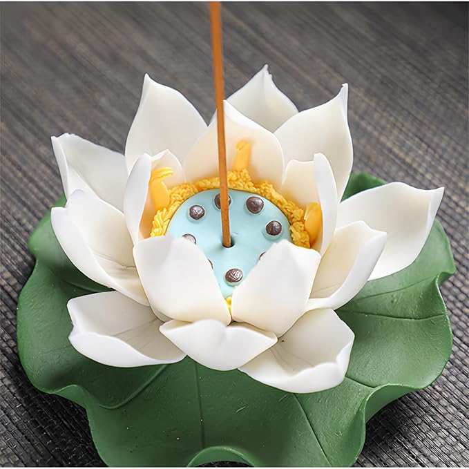 Lotus Incense Holder for Mosquitos - White Ceramic Bloom with Leaf Tray, Aromatherapy Decor, Meditation Gift Set, Zen Home Office Desk Altar Decor (Handmade, Ash Catcher, Unique Holiday Present)