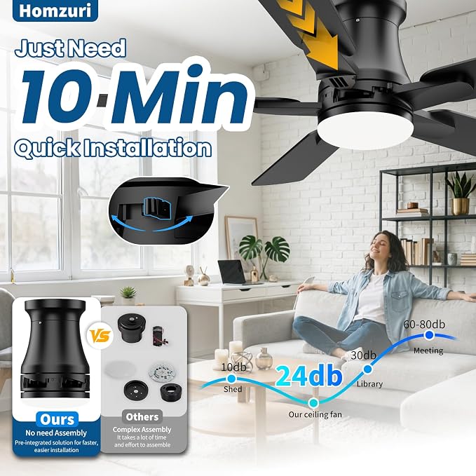 52 Inch Ceiling Fan with Light, Flush Mount Low Profile, Remote & APP Control, Silent Reversible DC Motor, 3CCT Dimmable LED, Black Modern for Bedroom Living Room