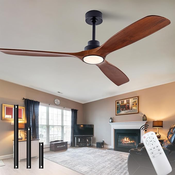 QUTWOB 60" Wood Ceiling Fan with Light, Reversible DC Motor, Remote Control | solid wood blades, quiet 6-speed reversible dc inverter motor, remote control, 3-color led, for indoor outdoor patio bedroom