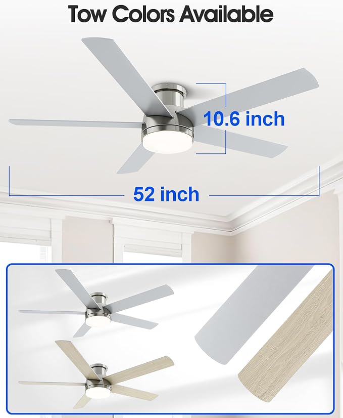 52 Inch Flush Mount Brushed Nickel Ceiling Fan with Light and Remote | 6-Speed Quiet Reversible DC Motor, Dimmable 3CCT LED, 3 Timing Settings, 5-Blade Modern Design, Indoor or Covered Outdoor Use