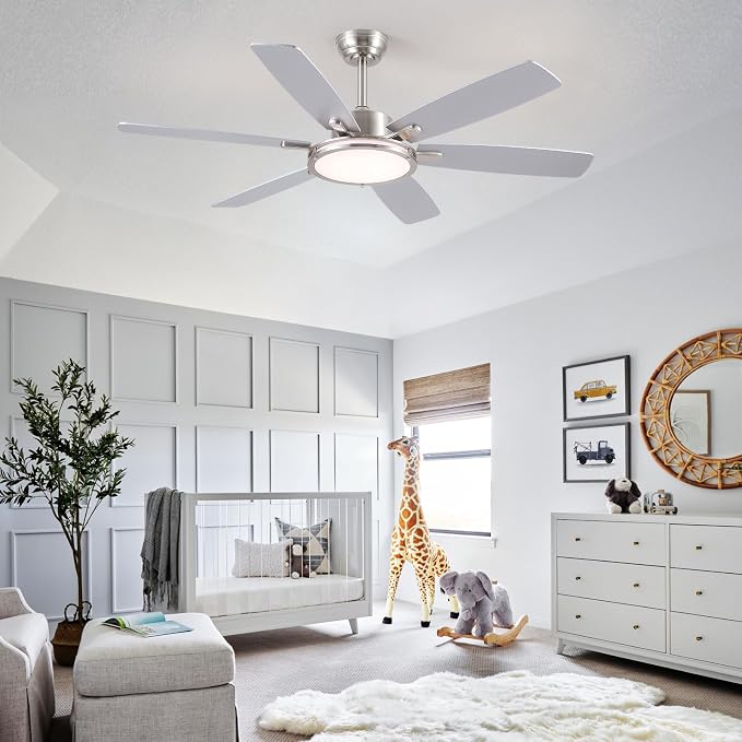 Hounber 52 Inch Ceiling Fans with Lights and Remote, Brushed Nickel Ceiling Fan with 6 Blades Dual Finish, 3CCT, Dimmable, Quiet DC Reversible Motor, Modern Ceiling Fan for Bedroom, Patio, Living Room