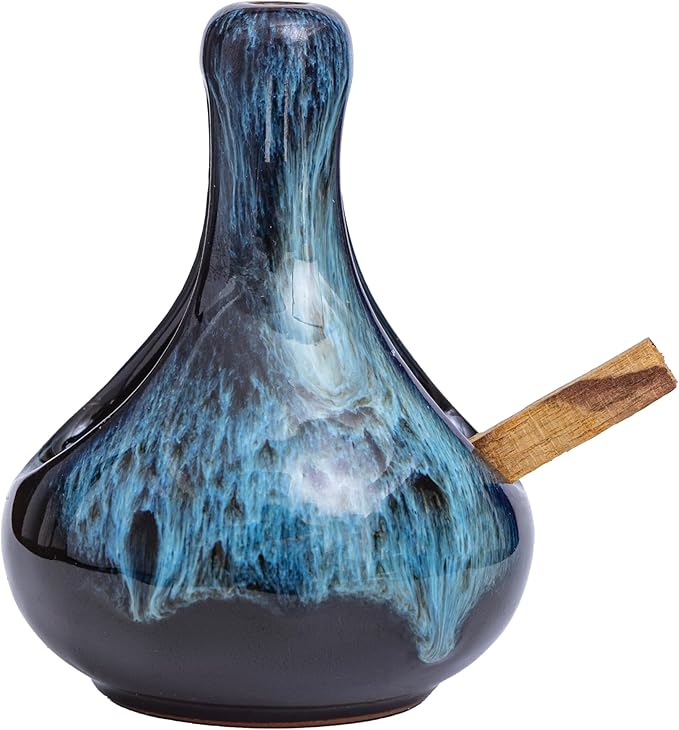 Palo Santo Holder Ceramic Incense Burner for Palo Santo Sticks and Cones Burning, Mini Chiminea Incense Burner Holder for Yoga Spa Aromatherapy Meditation, Home Office Decor (1, Blue)