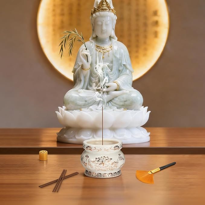 Ceramic Lotus Incense Burner with Brass Stand & Incense Sticks, Ash Catcher Bowl for Meditation Yoga Relaxation, Decorative Incense Holder for Home（White