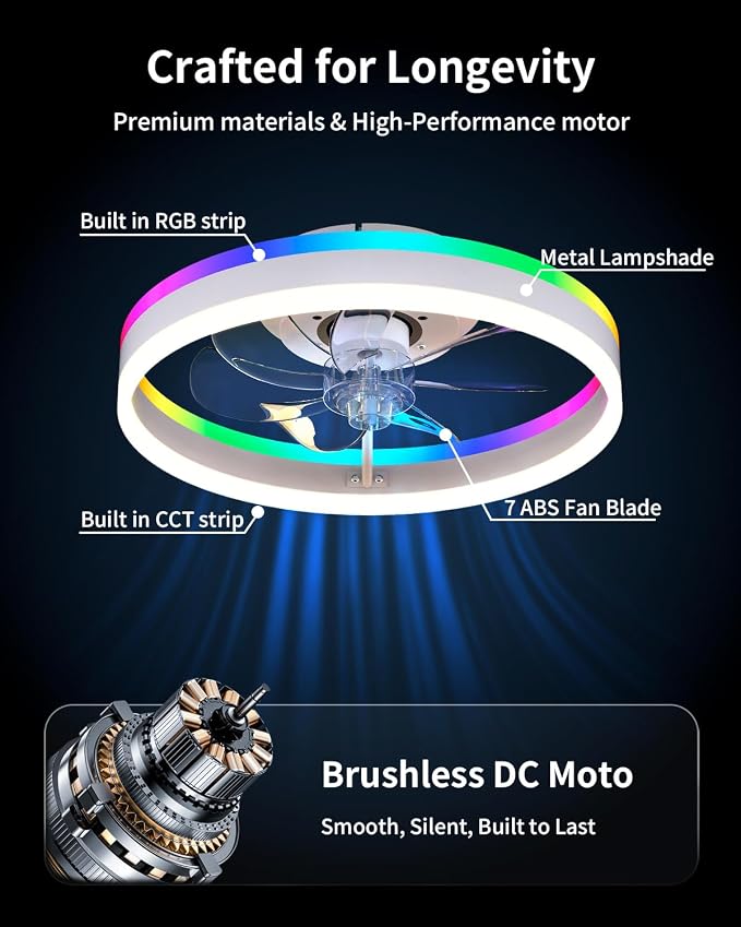 RGB Ceiling Fan with Lights, low profile ceiling fans with lights and remote, Flush Mount LED Fan Light, Modern Bladeless Fandelier for Bedroom Works with APP, 16IN White