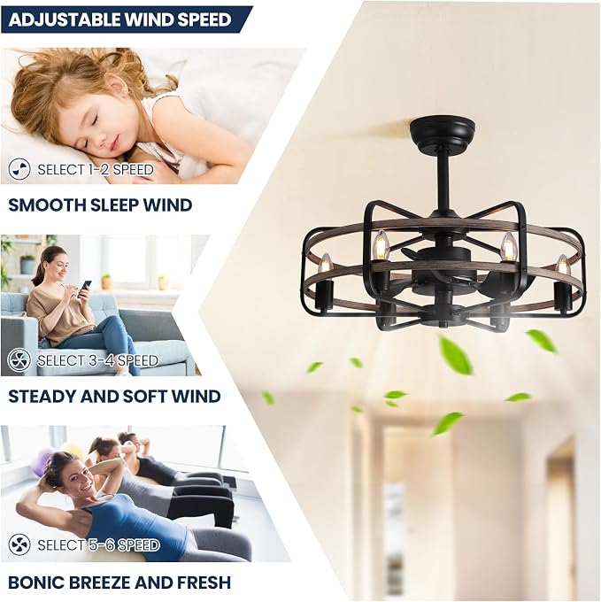 NOXARTE Cage Ceiling Fan with Light, Vintage Fandelier Remote Control, Bladess Industrial Chandelier Ceiling Fan Reverse Motor for Living Dining Room Bedroom Dia 25 Inch