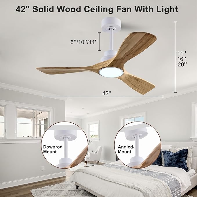 QUTWOB 42" Wood Ceiling Fan with Light, Reversible DC Motor, Remote Control | solid wood blades, quiet 6-speed reversible dc inverter motor, remote control, 3-color led, for indoor outdoor patio bedroom