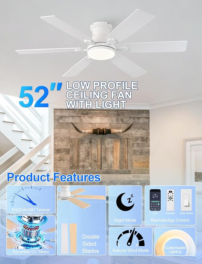 52inch Low Profile Ceiling Fan with Light and Remote/APP Control, LED Dimmable DC ReversibleModern, Flush Mount,6 Blade,White Ceiling Fan for Bedroom Living Room/Outdoor Use