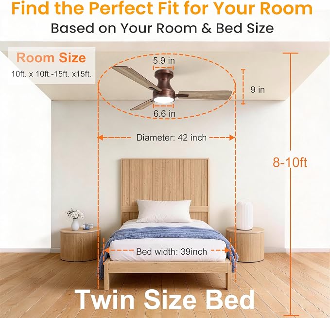 OPONL Ceiling Fan with Light, 42 inch Low Profile Ceiling fan with Light and Remote Control, Reversible, 6CCT, Dimmable, Noiseless, Brown Ceiling Fan for Bedroom, Indoor/Outdoor Use, Modern