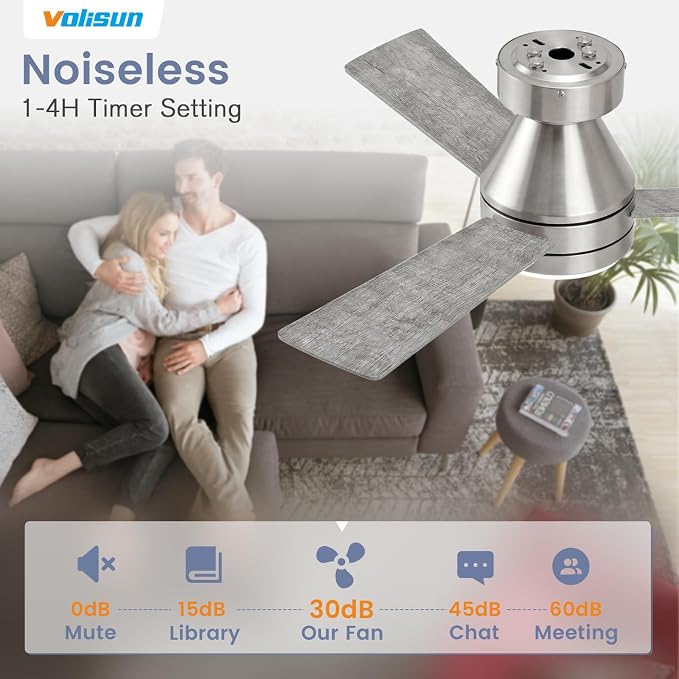 VOLISUN Ceiling Fans with Lights Flush Mount, 42 inch Low Profile Ceiling Fan with Light and Remote, Queit & Reversible Motor,3CCT, Dimmable, Modern Ceilings Fans for Bedroom, Living Room(Nickel)