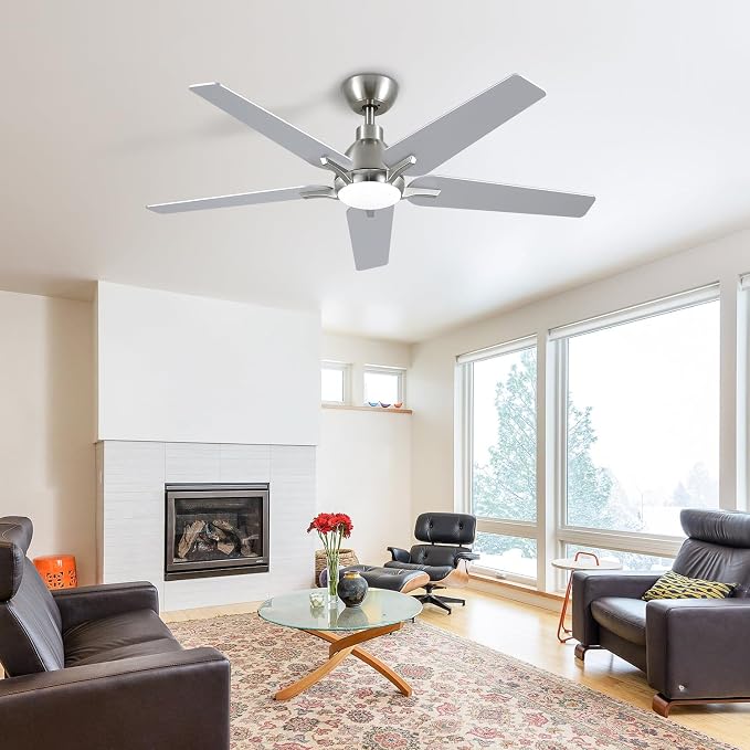 52 Inch Ceiling Fan with Light and Remote Cortrol, Brushed Nickel | 6-Speed Quiet Reversible DC Motor, 3CCT Dimmable 24W LED Light, 5 Wood Blades,Used for Bedroom, Living Room, Covered Patio