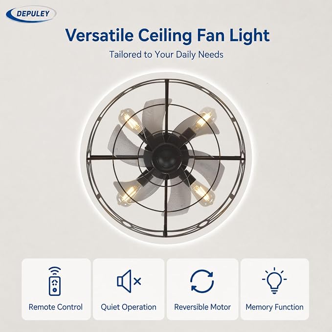 Depuley Caged Ceiling Fans with Light: 20-Inch Bronze Metal Enclosed Farmhouse Fandelier for Kitchen Bedroom - Industrial Semi Flush Mount Ceiling Fan with Remote 6 Speeds Reversible Motor Timer