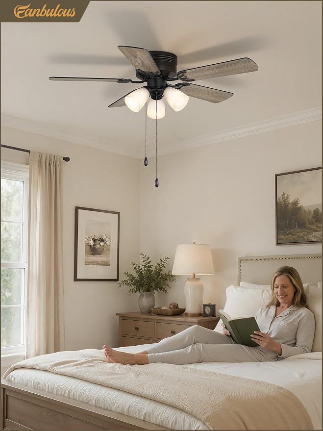 Fanbulous 44" Farmhouse Ceiling Fan with 3 Lights, Shatterproof PP Shades | DC Quiet Motor, 6-Speed Timer, Remote & Pull Chain Control, Low Profile Flush Mount for Bedroom, Living Room, Kitchen, Black