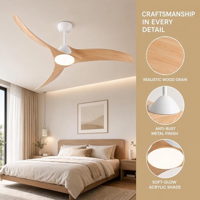 52 inch Ceiling Fan with Light, White/Wood Reversible Blades | Modern Low Profile Flush Mount, 3-Speed Reversible DC Motor, Dimmable 3-Color LED, Remote Control for Bedroom Living Room