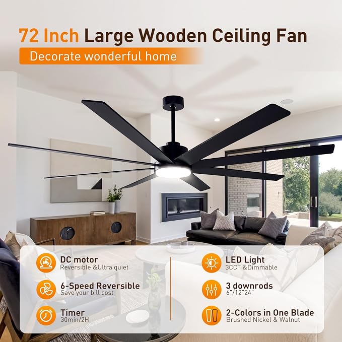 Minislak 72Inch Large Black Ceiling Fans with Light and Remote Control,8 Wooden Blades,6-Speed,3CCT,Quiet Reversible DC Motor Indoor Outdoor Ceiling Fan for Patio/Living Room/Garden