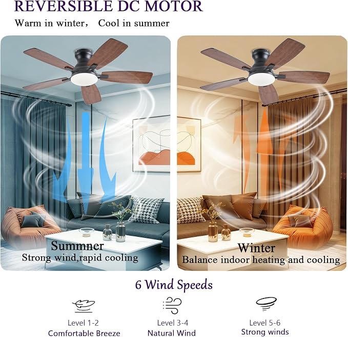NKPU Ceiling Fans with Lights, Low Profile Ceiling Fan with Light and Remote/APP Control, DC Motor, Noiseless, Flush Mount, 42inch Brown Ceiling Fan for Bedroom Indoor/Outdoor Use