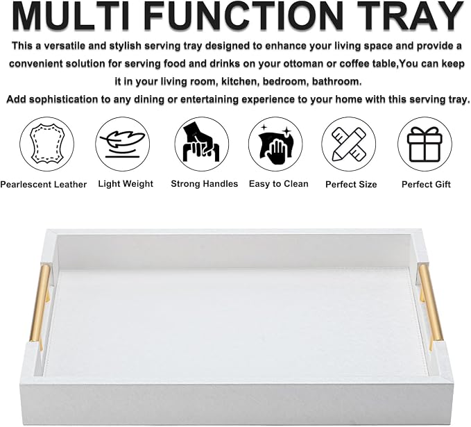 White Decorative Ottoman Tray, Large Modern Coffee Table Drink Organizer for Home