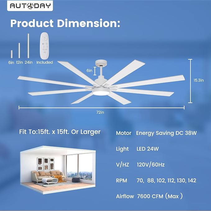 Large Ceiling Fans with Lights and Remote - 72 Inch White Ceiling Fan with Light, Quiet DC Motor, 3 CCT,Modern Dimmable LED Lighting & Large Ceiling Fans for Living Room Patio, Indoor/Outdoor