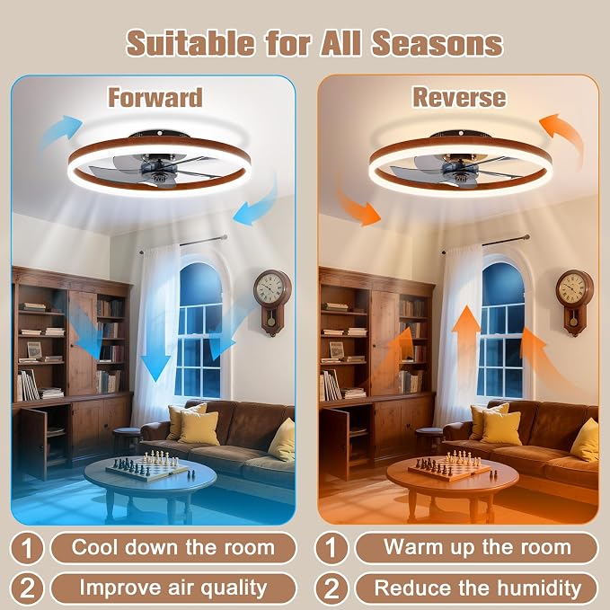 VOLISUN Farmhouse Ceiling Fans with Lights and Remote,No Assembly, 19.7in Low Profile Ceiling Fan Flush Mount, 3000K-6500K Dimmable Bladeless Fandelier Ceiling Fans with Lights for Bedroom(Walnut)