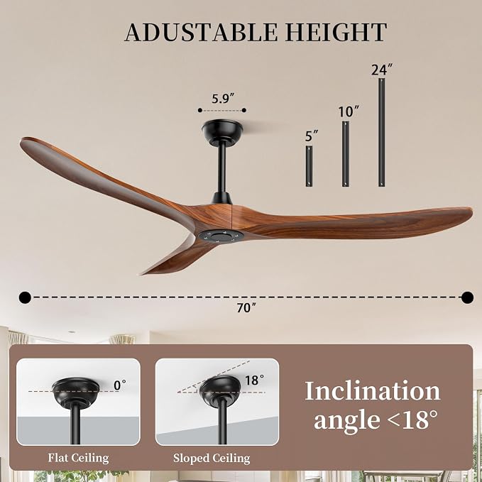 Obabala Ceiling Fan no Light,70 inch Outdoor Ceiling Fan Without Lights for Patios, 3 Blade Solid Wooden Large Propeller Ceiling Fans with Remote for Farmhouse Outside Kitchen Gazebo Indoor