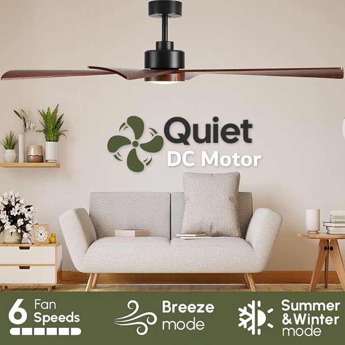 60 Inch Outdoor Smart Ceiling Fan with Light for Patio Damp Rated -High CFM Propeller 4 Wood Blades for Large Room, Rustic Farmhouse, Alexa/Tuya App/Remote Control, Quiet DC Motor, Porch, Gazebo